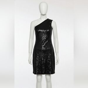 Club Monaco Black Sequins One Shoulder Lined Cocktail HOLIDAY Dress sz Small